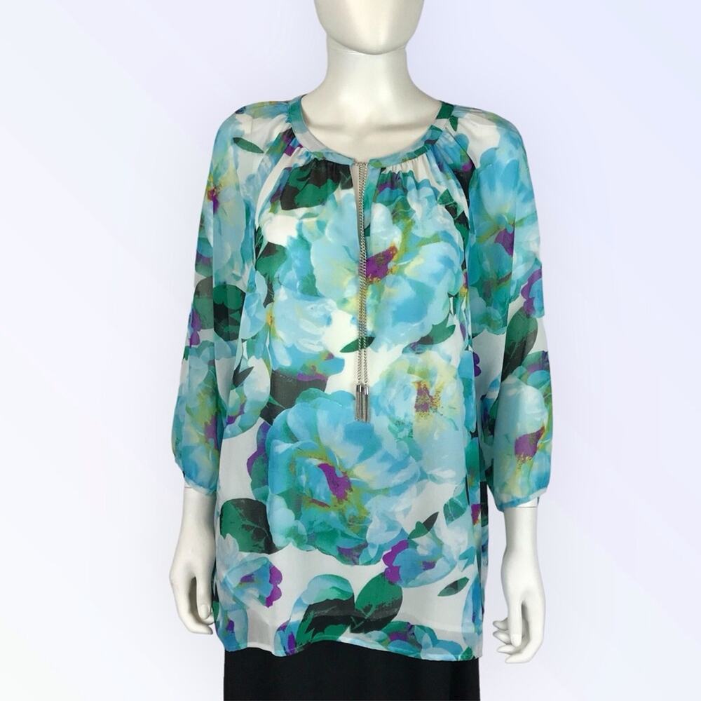 Calvin Klein Floral Blouse Teal Blue & Purple White Chiffon Peephole Top